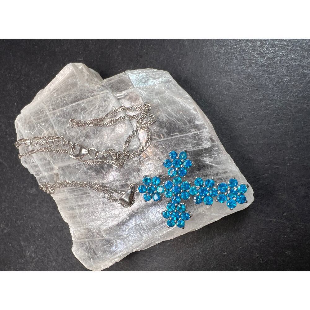 Neon Blue Apatite Rhodium Over Sterling Silver Cross Pendant With Chain 3.25ctw - Picture 10 of 16